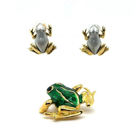 2 VTG Jewelry Frog Pieces - JJ Jonette & Ai Gold Tone & Enamel! Pin Earrings 122 - Picture 1 of 12